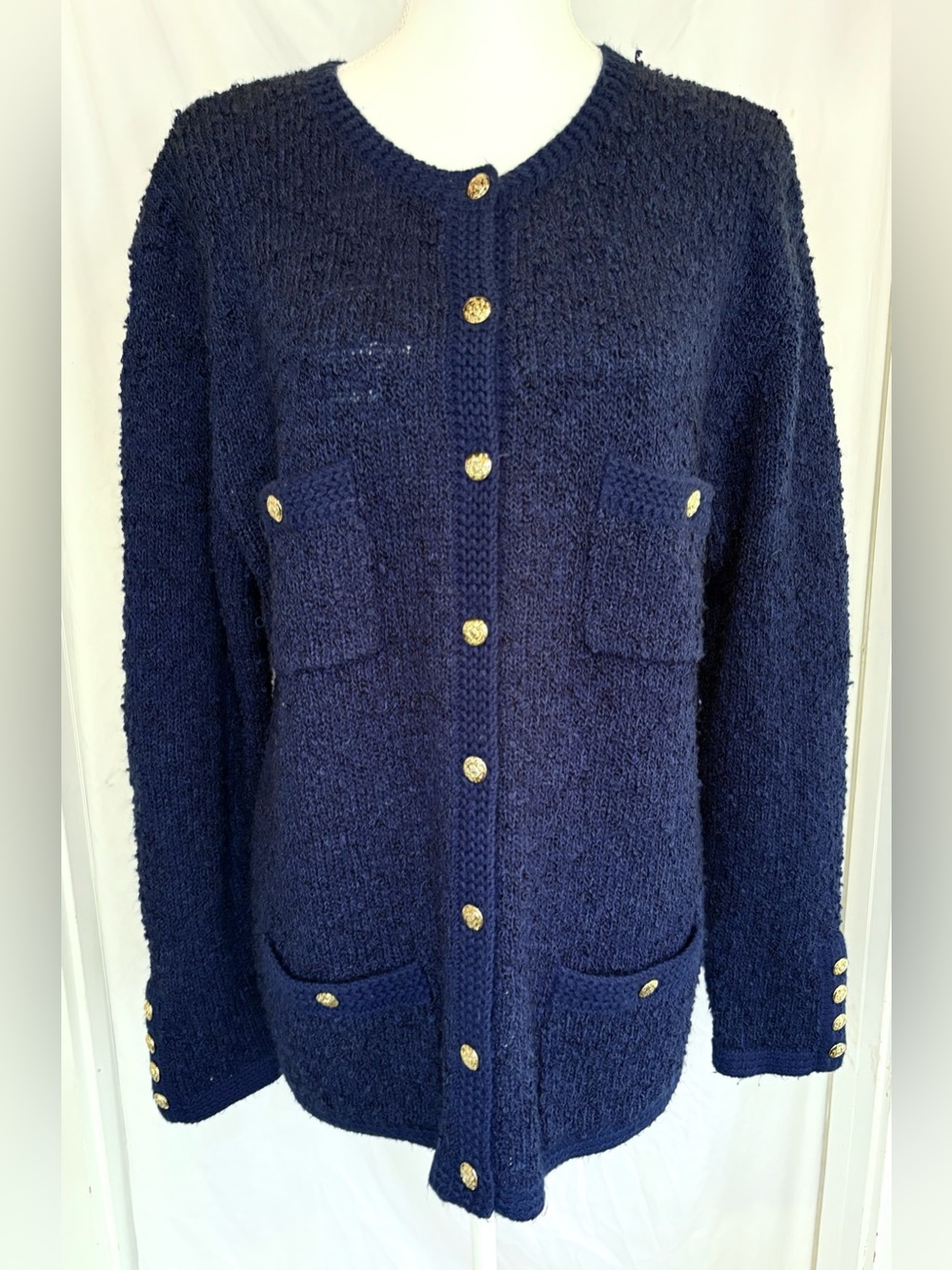 Vintage Tanner Navy Knit Gold Lion Button Cardigan Jacket XL